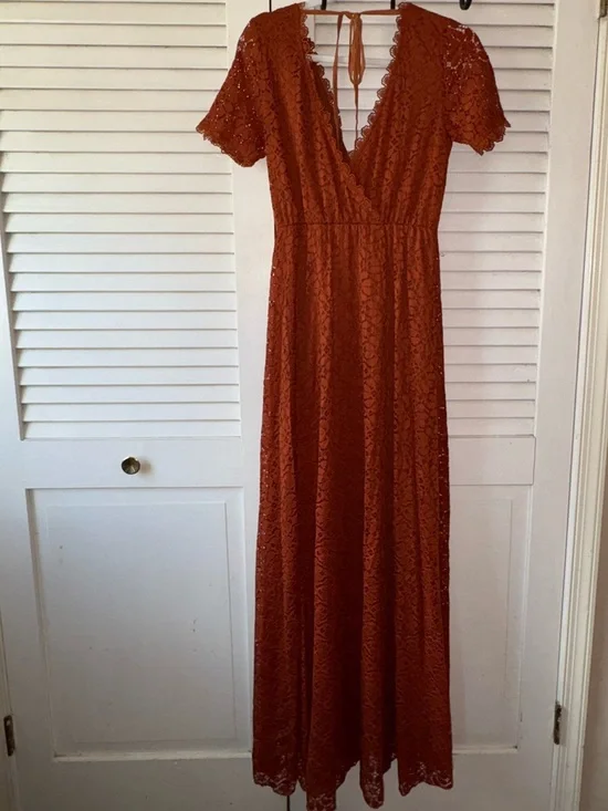 NWT Baltic Born Venice Lace Maxi Dress Rust Orange V-Neck Tie Back Boho Small - Picture 4 of 5